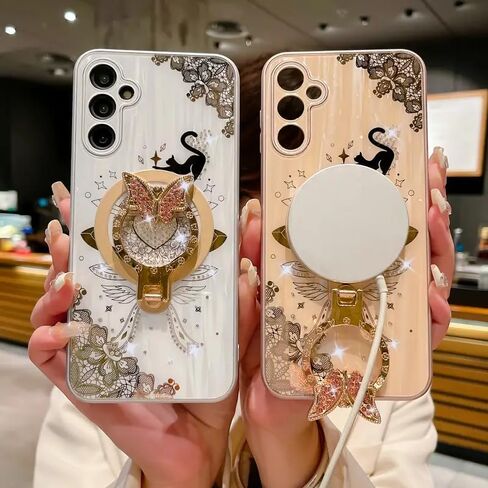 Megnetic Case for Galaxy A54 5G,Cute 3D Rhinestones Bling Sparkle Ring Holder Butterfly Cat Kitty Love Heart Lace Pattern Compatible with Magsafe Girls for Samsung Galaxy A54 (Pink) in Saudi Arabia