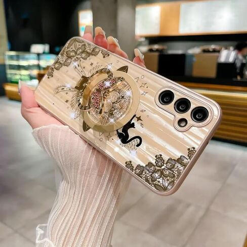 Megnetic Case for Galaxy A54 5G,Cute 3D Rhinestones Bling Sparkle Ring Holder Butterfly Cat Kitty Love Heart Lace Pattern Compatible with Magsafe Girls for Samsung Galaxy A54 (Pink) in Saudi Arabia