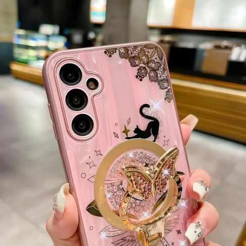 Megnetic Case for Galaxy A54 5G,Cute 3D Rhinestones Bling Sparkle Ring Holder Butterfly Cat Kitty Love Heart Lace Pattern Compatible with Magsafe Girls for Samsung Galaxy A54 (Pink) in Saudi Arabia