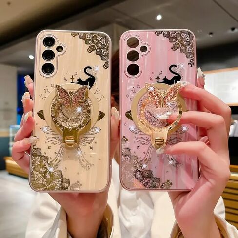 Megnetic Case for Galaxy A54 5G,Cute 3D Rhinestones Bling Sparkle Ring Holder Butterfly Cat Kitty Love Heart Lace Pattern Compatible with Magsafe Girls for Samsung Galaxy A54 (Pink) in Saudi Arabia