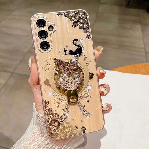 Megnetic Case for Galaxy A54 5G,Cute 3D Rhinestones Bling Sparkle Ring Holder Butterfly Cat Kitty Love Heart Lace Pattern Compatible with Magsafe Girls for Samsung Galaxy A54 (Pink) in Saudi Arabia