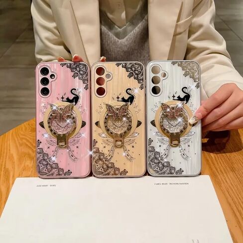 Megnetic Case for Galaxy A54 5G,Cute 3D Rhinestones Bling Sparkle Ring Holder Butterfly Cat Kitty Love Heart Lace Pattern Compatible with Magsafe Girls for Samsung Galaxy A54 (Pink) in Saudi Arabia