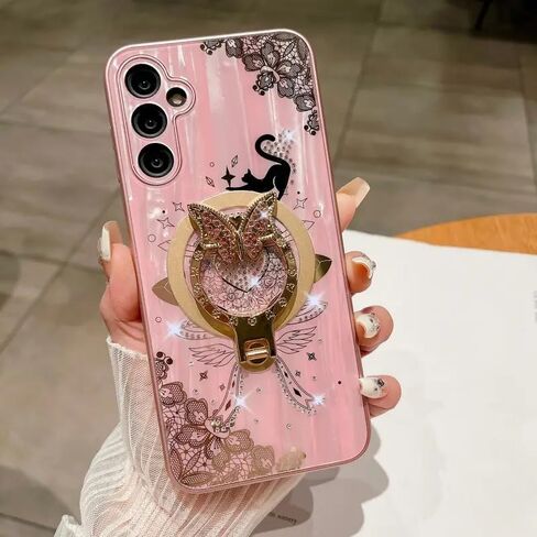 Megnetic Case for Galaxy A54 5G,Cute 3D Rhinestones Bling Sparkle Ring Holder Butterfly Cat Kitty Love Heart Lace Pattern Compatible with Magsafe Girls for Samsung Galaxy A54 (Pink) in Saudi Arabia