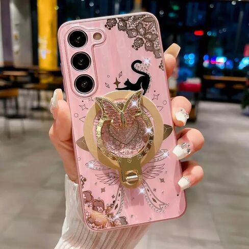 Megnetic Case for Galaxy A54 5G,Cute 3D Rhinestones Bling Sparkle Ring Holder Butterfly Cat Kitty Love Heart Lace Pattern Compatible with Magsafe Girls for Samsung Galaxy A54 (Pink) in Saudi Arabia