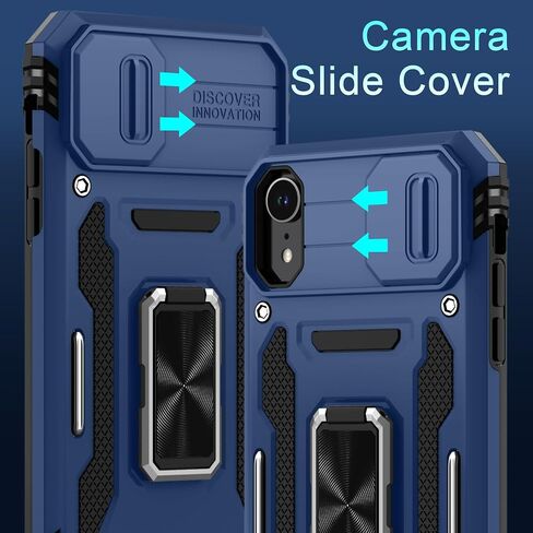 DEERLAMN for iPhone XR Case with Slide Camera Cover+Screen Protector (1 Pack),Rotated Ring Kickstand Military Grade Shockproof Protective Cover 6.1 Inch-Black in Saudi Arabia