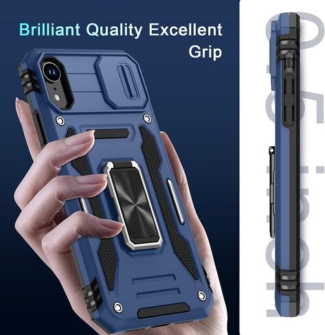 DEERLAMN for iPhone XR Case with Slide Camera Cover+Screen Protector (1 Pack),Rotated Ring Kickstand Military Grade Shockproof Protective Cover 6.1 Inch-Black in Saudi Arabia