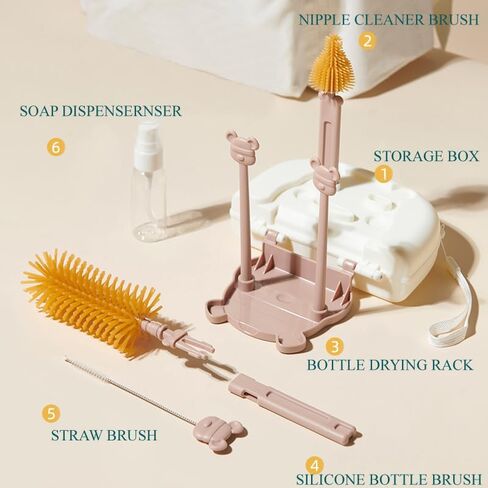 Travel Baby Bottle Brush Cleaner Set,Silicone Brushes with Water Bottle Brush and Nipple,Straw Brush,Milk Frother and Drying Rack (White1) in Saudi Arabia