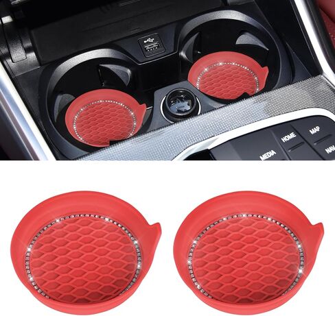 Bling Car Cup Holder Coaster, Anti-Slip Shockproof Universal Fashion Vehicle Car Coasters Insert Bling Crystal Rhinestone Auto Interior Accessories for Women (2, Red) in Saudi Arabia