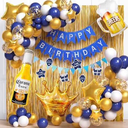 Winrayk 124 قطعة من ديكورات حفلات عيد ميلاد البيرة للرجال والنساء باللون الأزرق الداكن والذهبي بالون قوس هامش ستارة لافتة دوامة زجاجة ويسكي كوب البيرة تاج بالون 30 40 50 لوازم تزيين حفلات البيرة in Kuwait