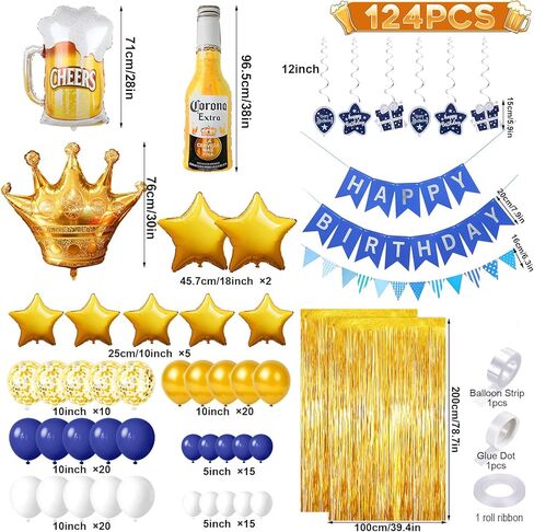 Winrayk 124 قطعة من ديكورات حفلات عيد ميلاد البيرة للرجال والنساء باللون الأزرق الداكن والذهبي بالون قوس هامش ستارة لافتة دوامة زجاجة ويسكي كوب البيرة تاج بالون 30 40 50 لوازم تزيين حفلات البيرة in Kuwait