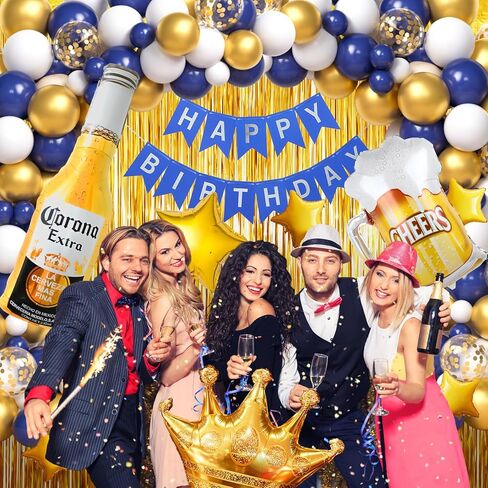 Winrayk 124 قطعة من ديكورات حفلات عيد ميلاد البيرة للرجال والنساء باللون الأزرق الداكن والذهبي بالون قوس هامش ستارة لافتة دوامة زجاجة ويسكي كوب البيرة تاج بالون 30 40 50 لوازم تزيين حفلات البيرة in Kuwait