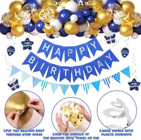Winrayk 124 قطعة من ديكورات حفلات عيد ميلاد البيرة للرجال والنساء باللون الأزرق الداكن والذهبي بالون قوس هامش ستارة لافتة دوامة زجاجة ويسكي كوب البيرة تاج بالون 30 40 50 لوازم تزيين حفلات البيرة in Kuwait