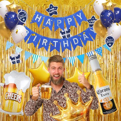 Winrayk 124 قطعة من ديكورات حفلات عيد ميلاد البيرة للرجال والنساء باللون الأزرق الداكن والذهبي بالون قوس هامش ستارة لافتة دوامة زجاجة ويسكي كوب البيرة تاج بالون 30 40 50 لوازم تزيين حفلات البيرة in Kuwait