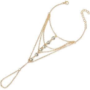 Gold Dainty Layered Tassel Crystal Hand Chain Ring Bracelet for Woman