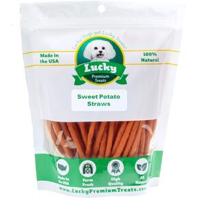 Lucky Premium Treats Sweet Potato Straws Sweet Potato Dog Treats 7oz. – All Natural Chewy Veggie Dog Treats Small Dogs & Medium Dogs – Training Reward Made in USA – Shareable Small Dog Treats
