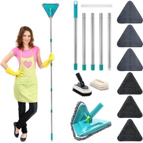 Wall Cleaner Mop with Long Handle 85 Inches, Baseboard Cleaner Tool Duster with 6 Replacement Microfiber Chenille Pads and 2 Tile Tub Brush for Cleaning Painted Walls, Window, Floor, Ceiling