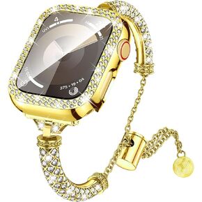 LETOID Band & Case Designed for Apple Watch – 40mm 41mm 44mm 45mm Women Metal Fancy Bracelet Strap with Bling Rhinestone Screen Protector Cover for iWatch Series 9 8 7 SE 6 5 4