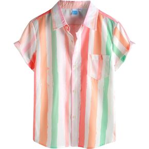 VATPAVE Boys Striped Button Down Shirt Short Sleeve Hawaiian Shirt Casual Summer Beach Shirts with Pocket