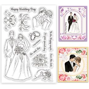 Happy Wedding Day Clear Stamp Bride and Groom Reusable Transparent Stamps Bridal Bouquet Silicone Stamps Wedding Blessing Text Rubber Stamps for Card Making Invitation Photo Album Decor