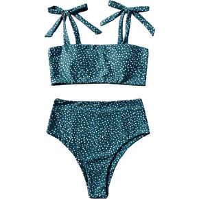 SweatyRocks Women's Bikini Swimsuit Tie Shoulder Wireless Bra Polka Dots High Waist Bottom Bathing Suit