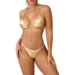 SHENHE Women's Swim Suits 2024 Metal Halter Neck Bow Tie String Thong Bikini Sets