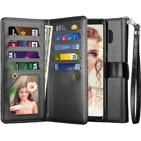 NJJEX for Galaxy Note 8 Case, for Note 8 Wallet Case, PU Leather [9 Card Slots] ID Credit Folio Flip Cover [Detachable] [Kickstand] Magnetic Phone Case & Wrist Strap for Samsung Note 8 [Black]