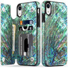 LETO iPhone XR Case,Leather Wallet Case with Fashionable Flower Designs for Girls Women,Flip Folio Cover with Card Slots Kickstand,Protective Phone Case for iPhone XR Green Oyster Shell in Kuwait
