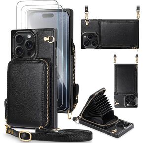 JAKPAK for iPhone 15 Pro Max Case Wallet Zipper Leather Case with Card Holder + Screen Protector [3 Pack], Protective Case with Lanyard Purse Cover Case for iPhone 15 Pro Max 6.7inch Black