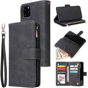 UEEBAI Wallet Case for iPhone 11 Pro Max, PU Leather Case Magnetic Closure Handbag Zipper Pocket Case Kickstand Card Slots with Hand Strap Marple Flip Case for Women - Black