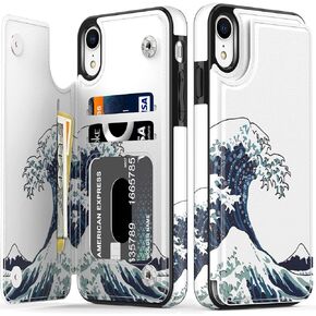 LETO iPhone XR Case,Leather Wallet Case with Fashionable Flower Designs for Girls Women,Flip Folio Cover with Card Slots Kickstand,Protective Phone Case for iPhone XR Green Oyster Shell