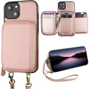 Bocasal RFID Blocking Wallet Case for iPhone 14 Plus, Adjustable Crossbody Zipper Purse Case Card Holder with Kickstand Detachable Wrist Strap, PU Leather Flip Folio Case 6.7 Inch 5G (Black)