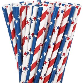 Whaline 200Pcs Independence Day Paper Straws Star Stripe Disposable Straws Red Blue White Drinking Well Crafted Straws for Juices Shakes Cocktail 4th of July Decoration Patriotic Party Event Supplies