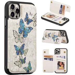 UEEBAI Wallet Case for iPhone 15 6.1 inch with Card Holders, PU Leather Cover Kickstand RFID Blocking Double Magnetic Clasp Rilievo Flower Shockproof Flip Case for Women Girls - Blue Butterfly
