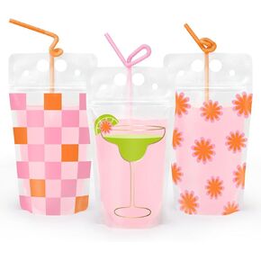 xo, Fetti Flower Margarita Pink Checker Gold Foil Drink Pouches - 15 count | Mexican Bachelorette Fiesta Drinkware, Cute Birthday Party Cups, Summer Flower Drinkware Supplies, Cinco de Mayo