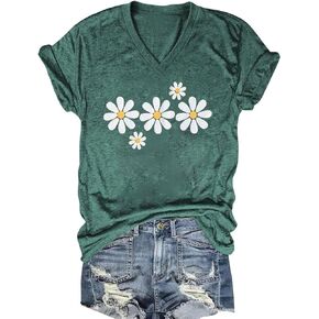 Women's T-Shirts V-Neck Boho Flowers Wildflowers Tee Cute Summer Graphic Shirts Short Sleeve T Shirt