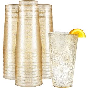 R-kay 14 oz Gold Glitter Plastic Cups For Party - 50 Pack Gold PLastic Cups - Hard Disposable Cups - Premium Heavy Duty Gold Cups - Disposable Cocktail Glasses - Party Cups (14 OZ)