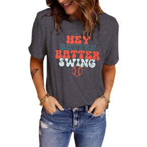 Cute Baseball T-Shirt Women Hey Batter Swing Tee Shirt Short Sleeve Casual Summer Funny Graphic Sports Tops