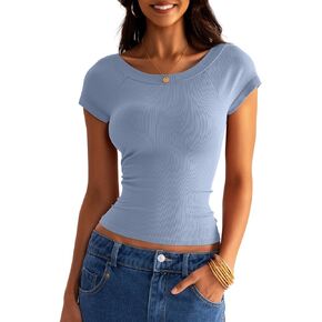 Women Boat Neck Seamless Top Built in Bra Ribbed Short Sleeve Fitted Shirts Summer Tops 2024