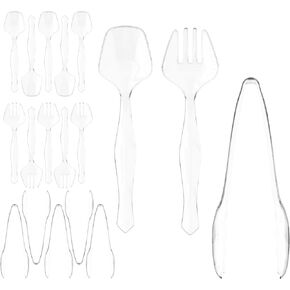 18 Pcs Clear Plastic Serving Utensils - 6 Clear Plastic Serving Spoons - 6 Clear Plastic Tongs For Serving - 6 Plastic Serving Forks - Heavy Duty Clear Disposable Serving Utensils Set For Parties