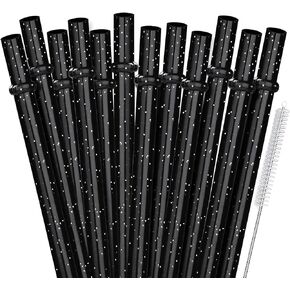 ALINK 12PCS Reusable Black Glitter Straws, 11" Long Hard Plastic Tumbler Drinking Straws for 16 OZ 20 OZ 30 OZ Stanley, YETI, Mason Jar, Starbucks Tumblers with Cleaning Brush