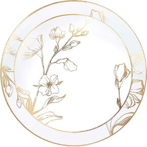 [6'' Plates 10 Count] White Plastic Floral Design Party Plates With Gold Rim Premium heavyweight Elegant Disposable Tableware Dishes
