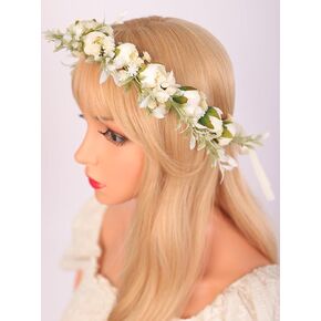 White Bridal Headband Flower Wreath Wedding Hair Accessories Women Floral Flower Garland Headband with Ribbon Floral Wreath Halloween Headpiece Party Accessories for Women Girls (White)