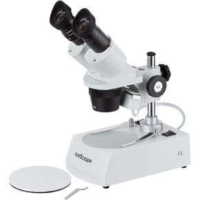 AmScope SE305R-P Forward-Mounted Binocular Stereo Microscope, WF10x Eyepieces, 10X and 30X Magnification, 1X and 3X Objectives, Upper and Lower Halogen Lighting, Reversible Black/White Stage Plate, Pillar Stand, 120V