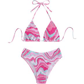 Verdusa Women's Color Block 2 Piece Swimsuit Halter Tie Back Triangle Top and Bottom Set