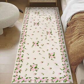 USTIDE Vintage Rose Buds Runner, Pink Rose Carpet for Hallway Bedside, Rustic Long Thick Wool Carpet, Machine Washable with Non-Slip Back (23.6X70.8Inches)