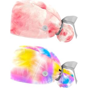 2 Packs Tie Dye Unisex Scrub Caps Surgical Women with Button Adjustable Hats Surgical Caps for Women