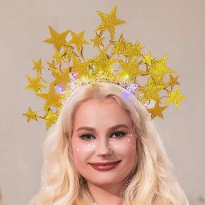 Light Up Headband Gold Glitter Star Headbands Led Halo Hair Band Sparkly Hair Hoops Party Festival Hair Accessories for Women and Girls