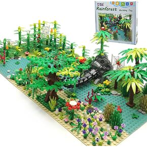 ZHX Rainforest Jungle Bridge Building Block Toys with 2pcs Baseplates(10x10 inches Each) Garden Bricks Accessories Bush Flowers Animals Coconut Trees for Classic Brick Block Toys