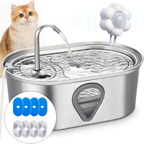 Cat Water Fountain,3.5L Large Capacity Automatic Stainless Steel Pet Water Dispenser,Water Level Window,Provides Flowing Water,Ultra Quiet Pump,4 Sets of Replacement Filters,with a USB Sensor
