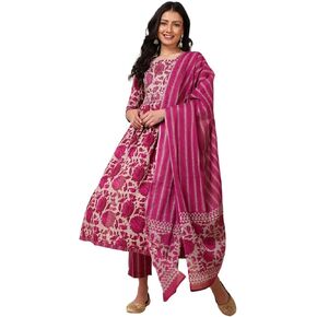 Pure Cotton Kurta Set with Pant & Dupatta, Ethnic Traditional Suit Set, 3/4 Sleeves, Ready to Wear - Fuchsia